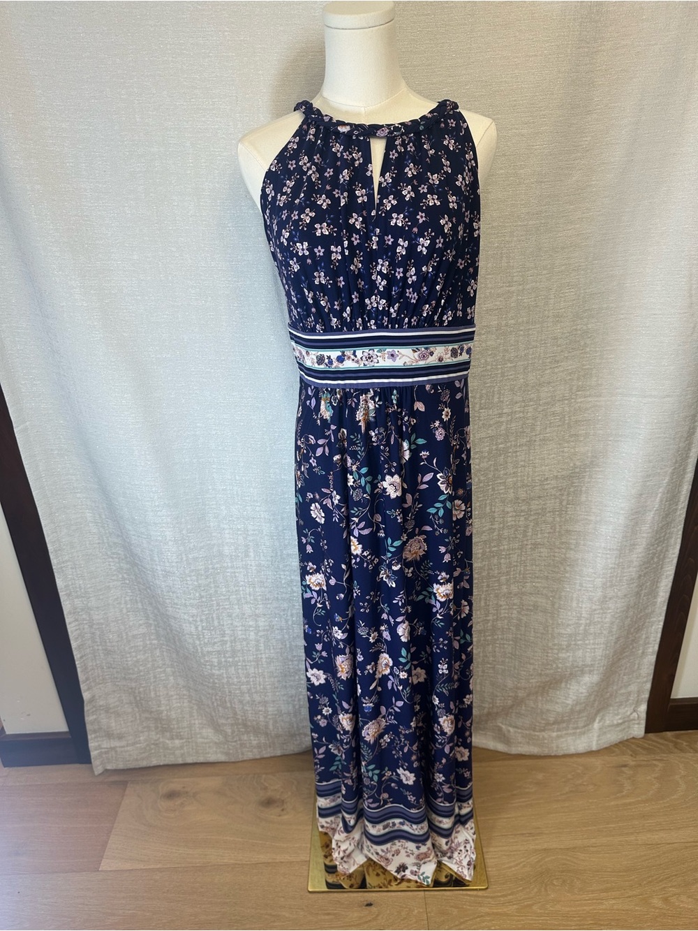 Maggy London Festive Floral Navy Halter-Style Maxi Dress with Waistband